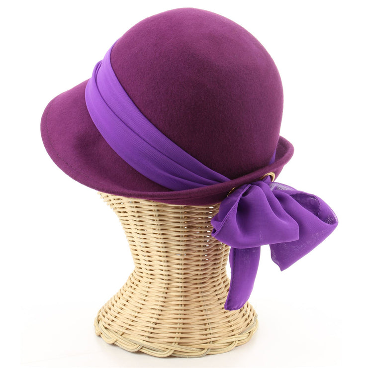 Wool felt cloche hat with wide chiffon band and bow - Purple (57cm)