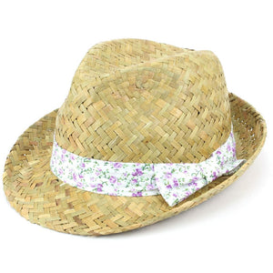 Halm Trilby Fedora Hat med Blomsterprint Bånd - Lilla