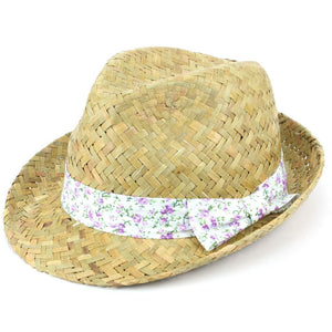 Straw Trilby Fedora Hat with Floral Print Band - Purple