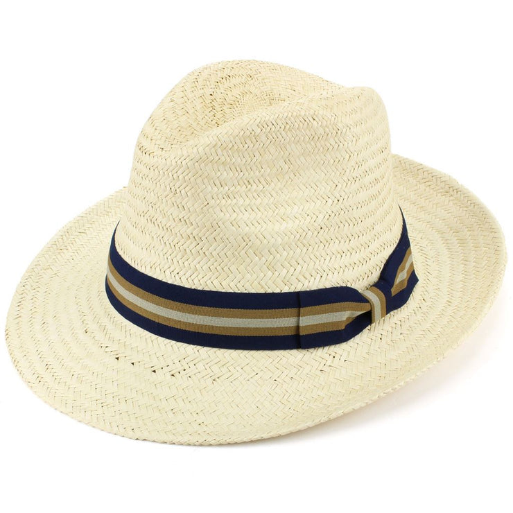 Wide Brim Straw Panama Fedora Hat - Blue & Brown