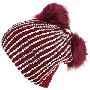 Bling Diamante Studded Chunky Knit Beanie Hat with Two Bobbles - Red