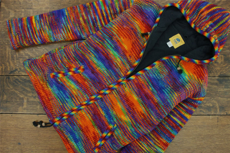 Hand Knitted Wool Hooded Jacket Cardigan - SD Rainbow with Rainbow Trim