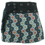 Reversible Popper Wrap Mini Skirt - Black Patch Strips / Kaleidoscope