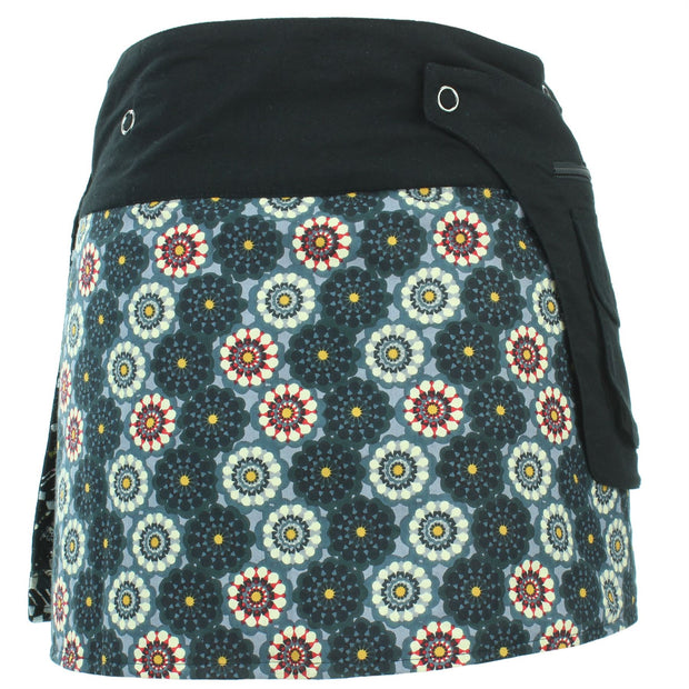 Reversible Popper Wrap Mini Skirt - Black Patch Strips / Kaleidoscope