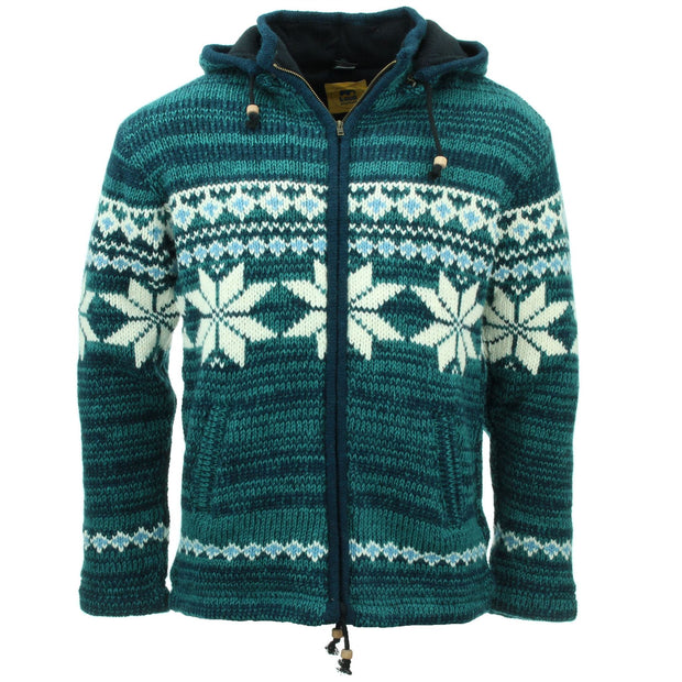 Hand Knitted Wool Hooded Jacket Cardigan - Fairisle Teal