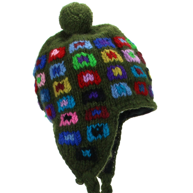 Wool Knit Earflap Bobble Hat - Square Green