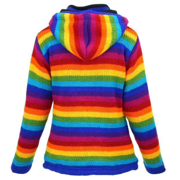 Hand Knitted Wool Hooded Jacket Cardigan Ladies Cut - Stripe Bright Rainbow