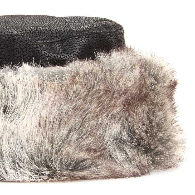 Flat Top Faux Leather Hat with Faux Fur Cuff - Black