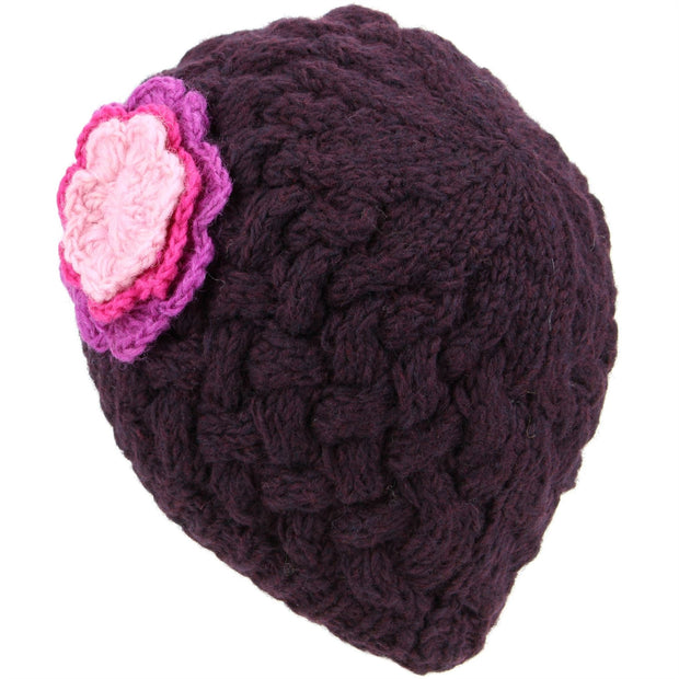 Ladies Wool Cable Knit Beanie Hat with Contrast Flower - Purple
