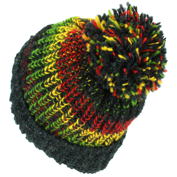 Wool Knit Beanie Bobble Hat - Rasta