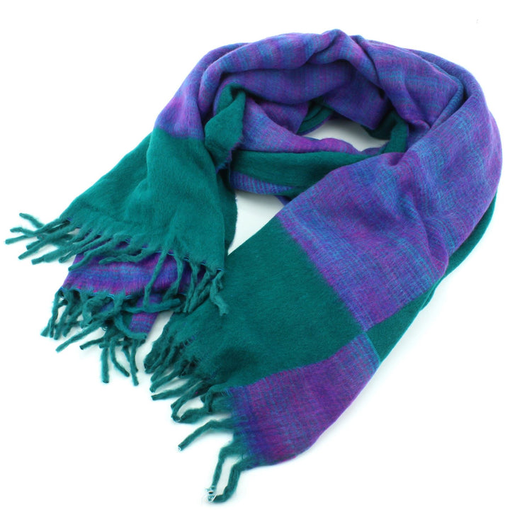 Tibetan Wool Blend Shawl Blanket - Teal with Purple Reverse