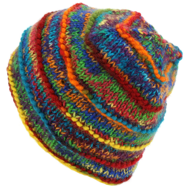 Chunky Ribbed Wool Knit Beanie Hat with Space Dye Design - Rainbow