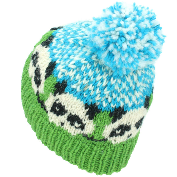 Wool Knit Bobble Beanie Hat - Panda - Green Blue