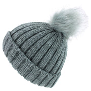 Chunky Knit Beanie Hat with Faux Fur Bobble - Grey