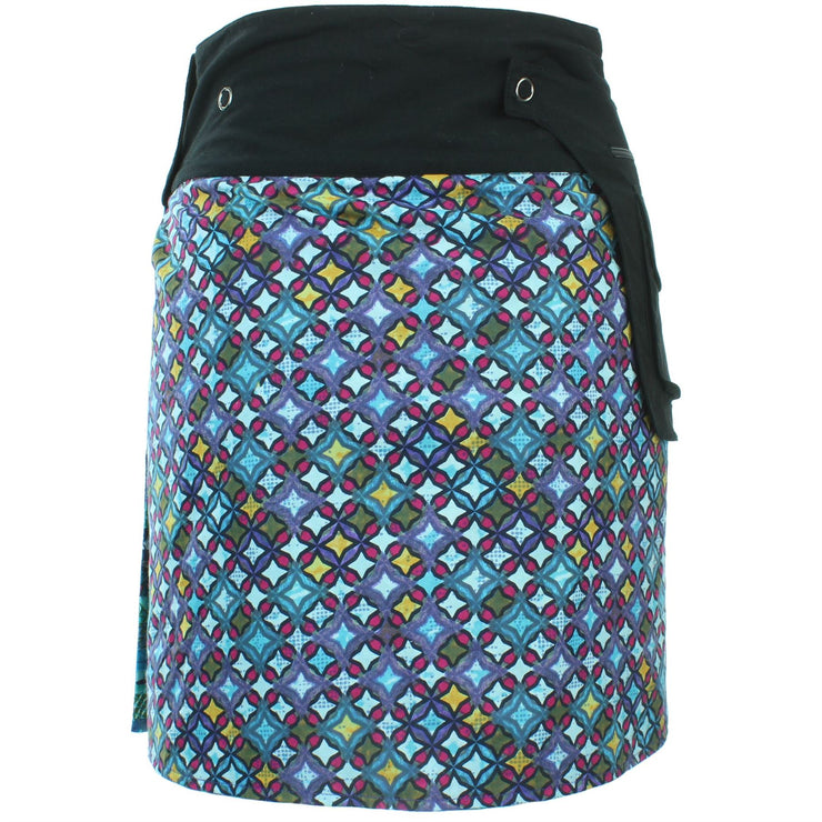 Reversible Popper Wrap Knee Length Skirt - Blue Patch Strips / Diamond Block