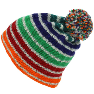 Wool Knit Bobble Beanie Hat - Stripe Green