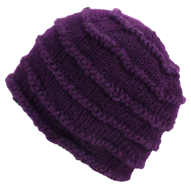 Chunky Ribbed Wool Knit Beanie Hat with Space Dye Design - Purple