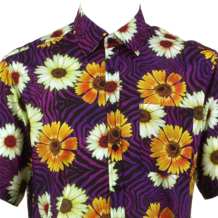 Regular Fit Short Sleeve Shirt - Orange Floral on Geometric Purple