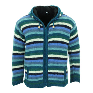 Cardigan veste à capuche en laine tricotée à la main - bleu rayé