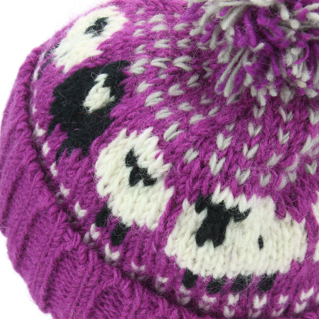 Wool Knit Bobble Beanie Hat - Sheep - Pink White