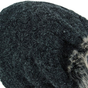 Knitted Slouch Bobble Beanie Hat with Super Soft Fleece Lining - Black