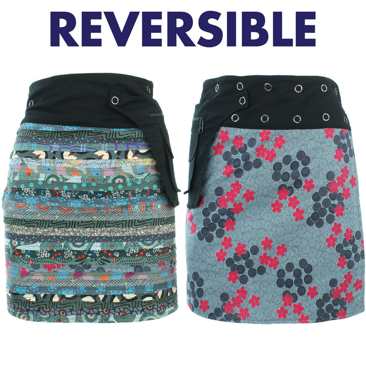 Reversible Popper Wrap Knee Length Skirt - Grey Patch Strips / Spiral Garden