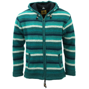 Hand Knitted Wool Hooded Jacket Cardigan - Stripe Teal