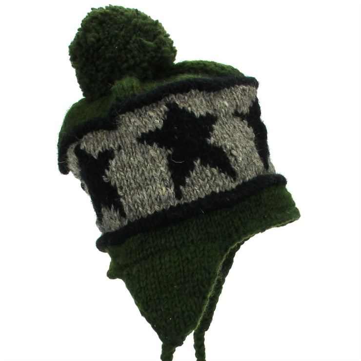 Wool Knit Earflap Bobble Hat - Star Green