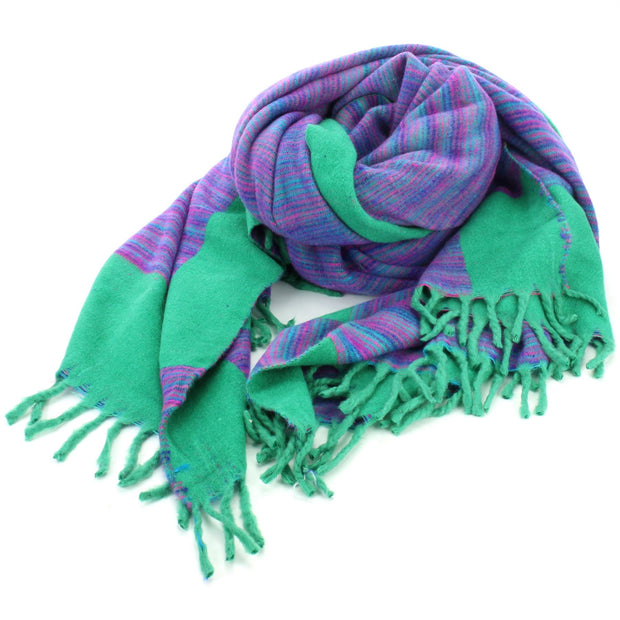 Tibetan Wool Blend Shawl Blanket - Light Green with Purple Reverse