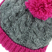 Wool Cable Knit Beanie Bobble Hat - Grey & Pink