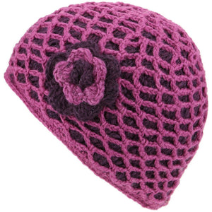 Damen Wollstrick-Häkelmütze mit Gittermuster und Blume – Rosa
