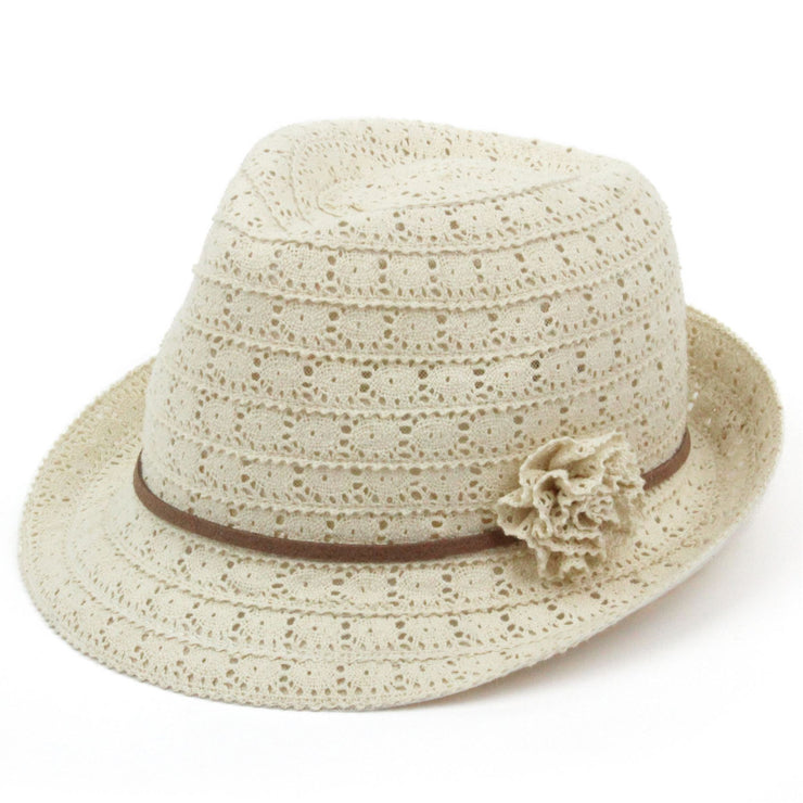 Ladies lace trilby hat with skinny faux leather band - Cream (57cm)