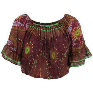 Peacock Print Bardot Top - Maroon