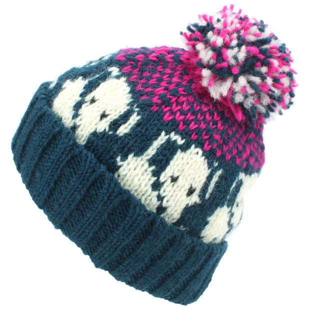 Wool Knit Bobble Beanie Hat - Elephant - Teal Pink