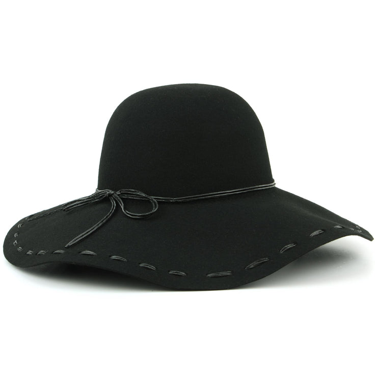 100% Wool felt wide brim floppy hat with cord band - Black (57cm)