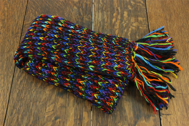 Hand Knitted Wool Scarf - SD Black Rainbow