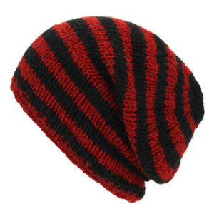 Uld strik baggy slouch beanie hat - stribet rød sort