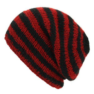 Wool Knit Baggy Slouch Beanie Hat - Stripe Red Black