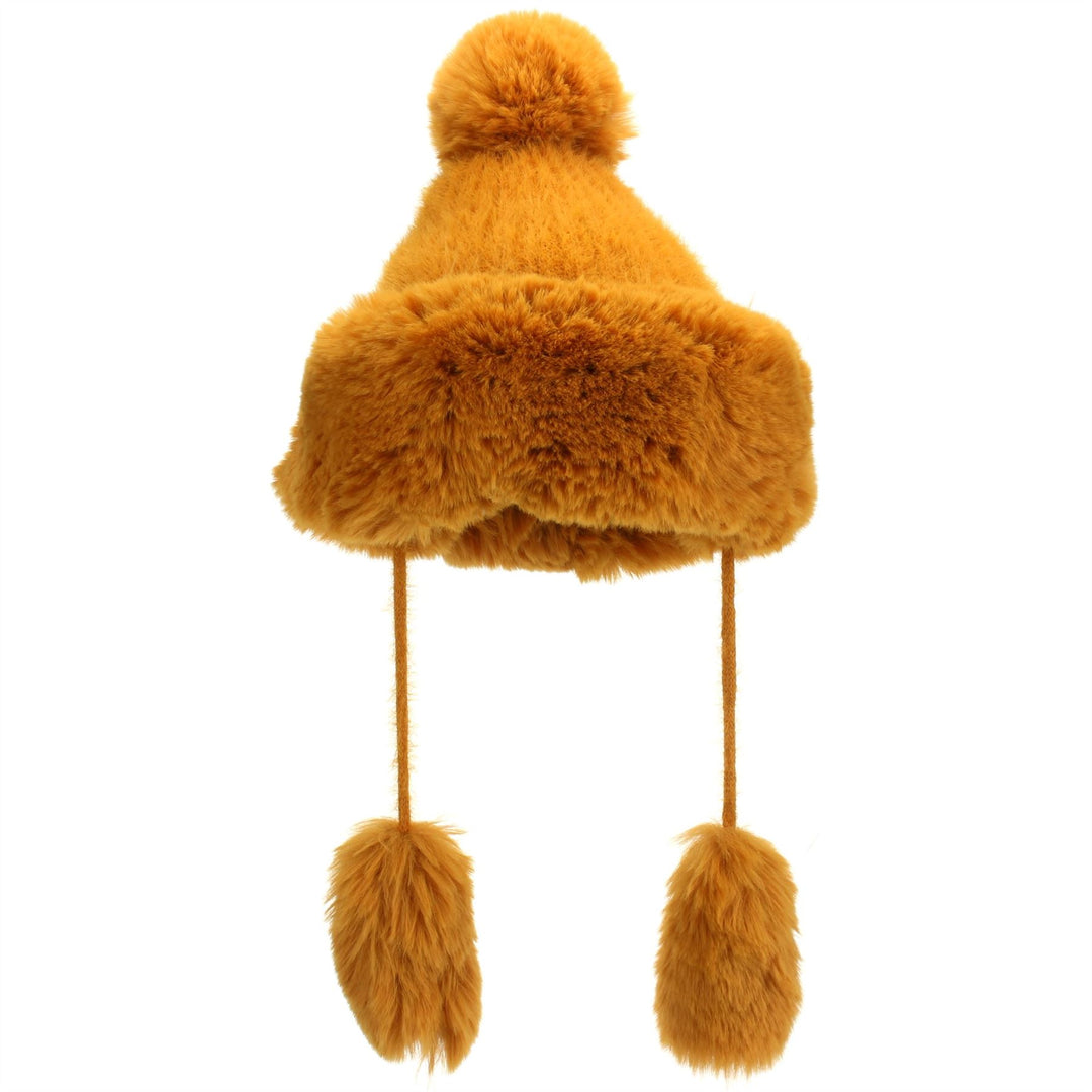 Macahel Soft Fur Bobble Hat with Tassels - Mustard