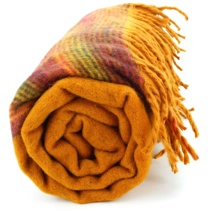 Tibetan Wool Blend Shawl Blanket - Mustard with Sunset Reverse