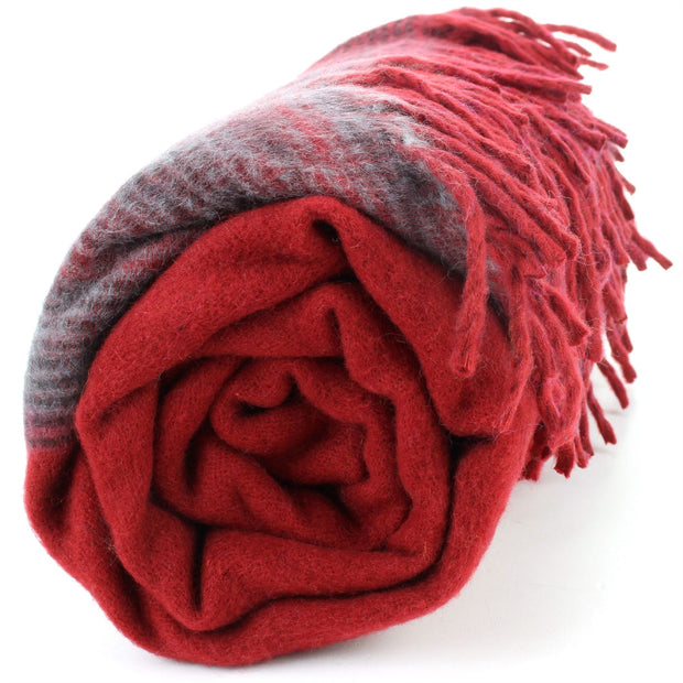 Tibetan Wool Blend Shawl Blanket - Red with Maroon & Grey Reverse