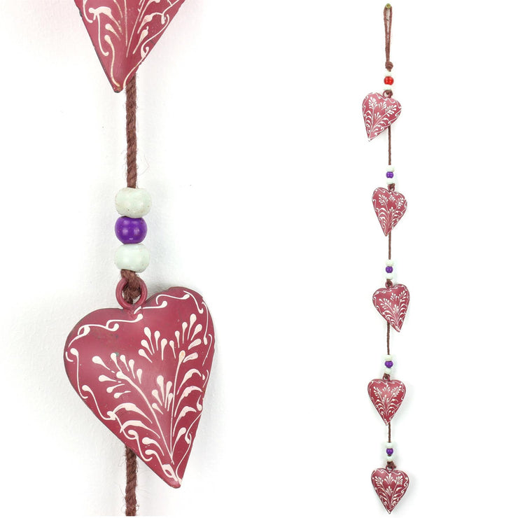 Hanging Mobile Decoration String of Hearts - Pink - Brown String