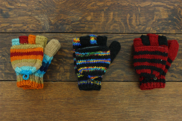 Hand Knitted Wool Shooter Gloves - Stripe Black Rainbow SD
