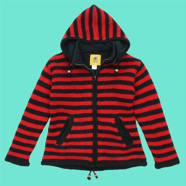 Hand Knitted Wool Hooded Jacket Cardigan Ladies Cut - Stripe Red Black