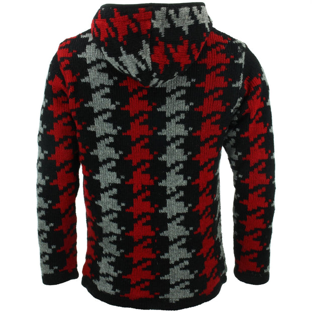 Wool Knit Hooded Cardigan Jacket - Red Houndstooth