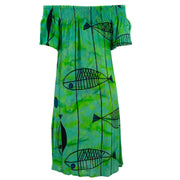 Shirred Comfy Dress - Green Wash Fish