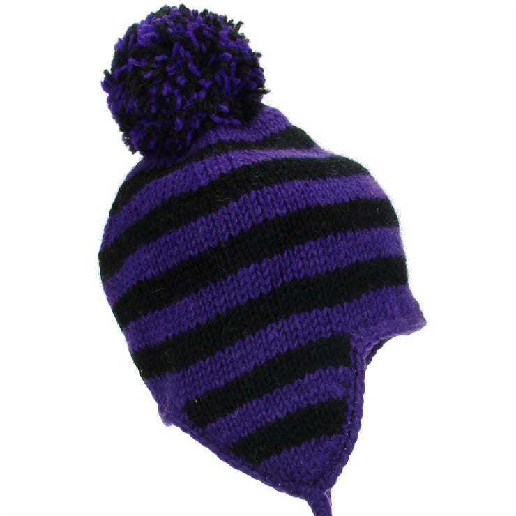 Wool Knit Earflap Bobble Hat - Stripe Purple Black