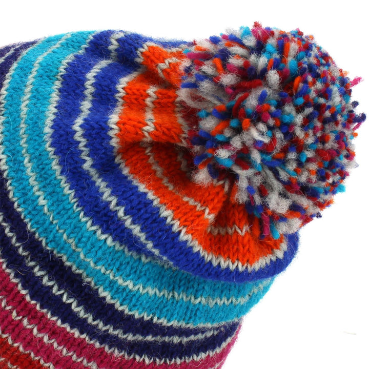 Wool Knit Bobble Beanie Hat - Stripe Blue