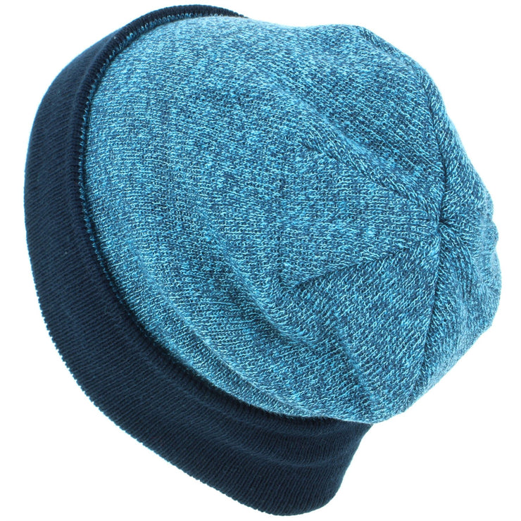 Fine Knit Marl Beanie Hat with Navy Turn-up - Blue