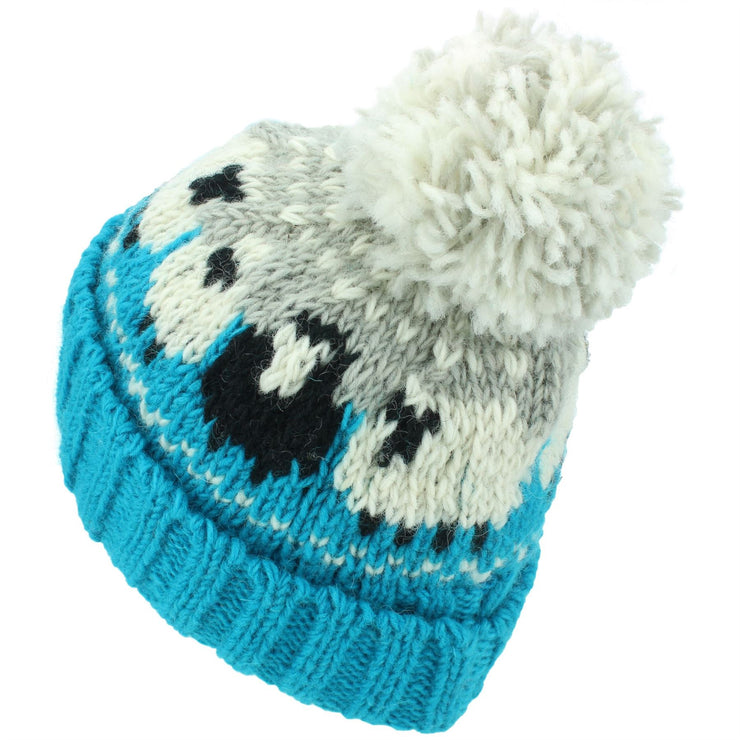 Wool Knit Bobble Beanie Hat - Sheep - Blue Grey